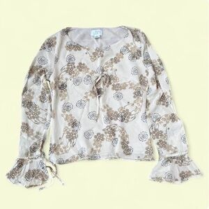 LOFT Beige Floral Silk Blouse with Tie Detail